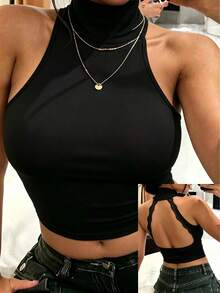 BamGleam Top corto tipo tank de otoño, nuevo, negro, sexy, con espalda descubierta, tirantes de encaje, fruncido, cuello halter alto - Negro - Ver 1