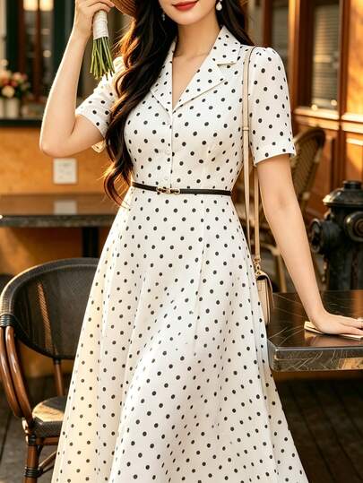 Auvina Plus Size Polka Dot Regular Shoulder Short Sleeve Elegant Summer Casual Dress