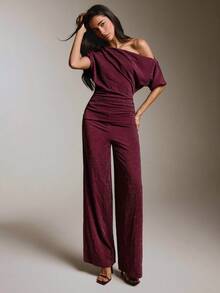 COSMINA Women's Solid Color Asymmetric Shoulder Pleated Top And Pants Casual Daily Set - Burgundy - View 3