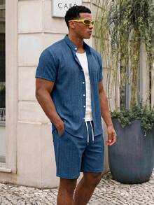 Manfinity EZcore Bộ đồ nam size lớn màu trơn áo sơ mi ngắn tay cài nút đơn và quần short đi biển, kỳ nghỉ - Màu xanh lam - Xem 3