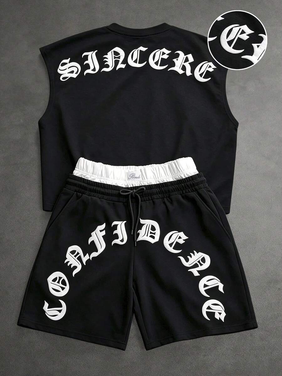 SLATEMANN Men's Letter Print Top And Drawstring Waist Shorts Casual Daily Set - Black - View 1