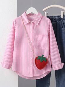 SHEIN 青少年女孩條紋輕便防曬襯衫，春夏季、度假、夏季、旅行 - 粉色 - 查看 1
