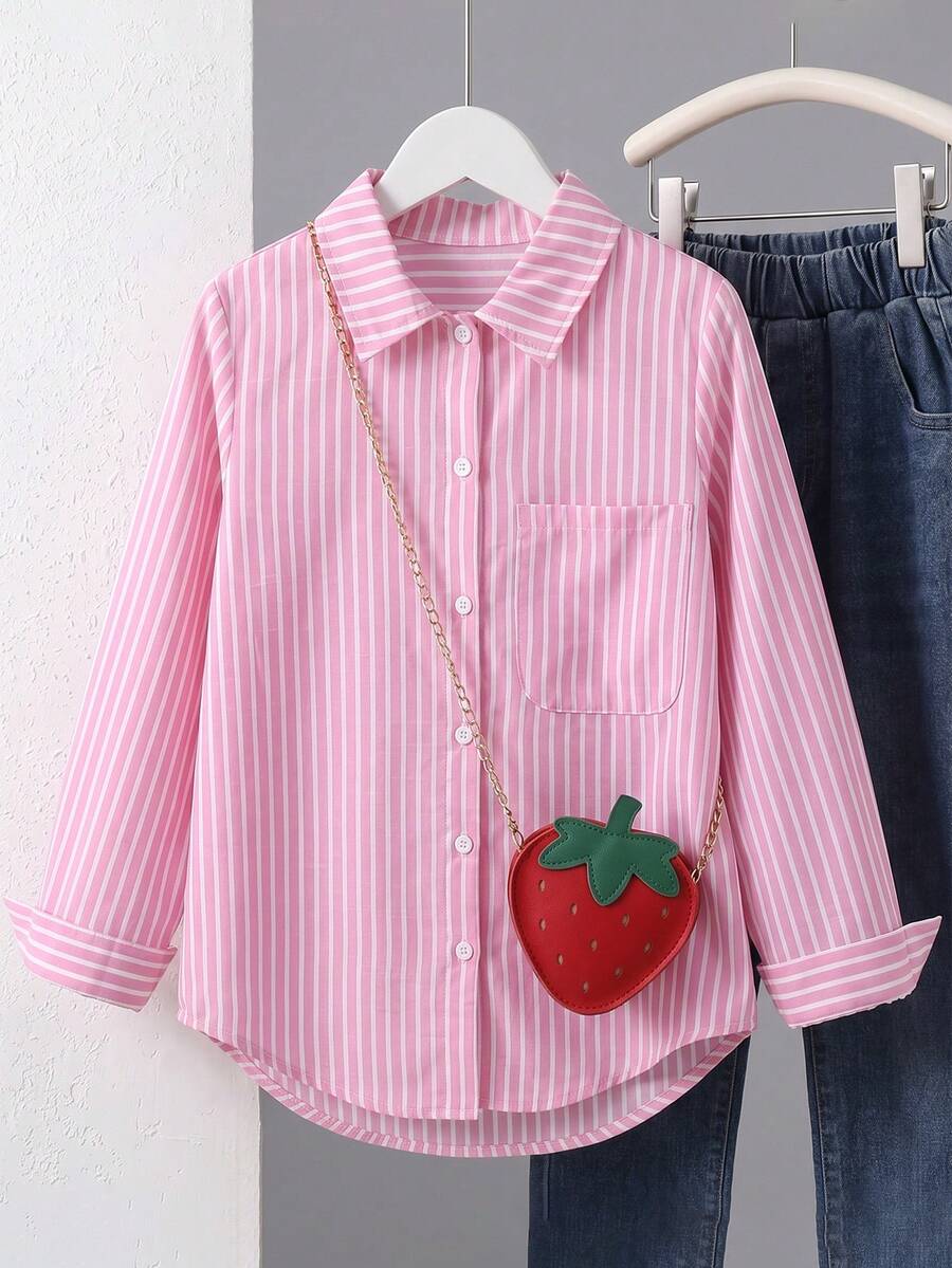 SHEIN 青少年女孩條紋輕便防曬襯衫,春夏季、度假、夏季、旅行 - 粉色 - 查看 1