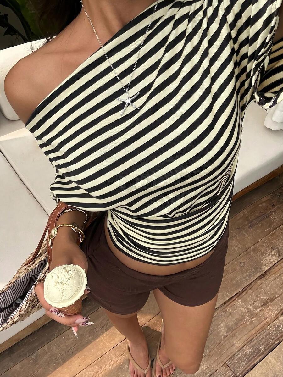Aloruh Asymmetrical Shoulder Loose Top With Ruched Waist, Simple Basic T-Shirt - Multicolor - View 1