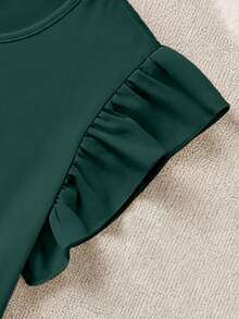SHEIN LUNE 優雅純色荷葉邊上衣與碎花短褲兩件套，休閒極簡度假波希米亞優雅浪漫復古綠色碎花圖案，女式正式襯衫，女式通勤套裝，音樂節，海灘穿搭，度假穿搭，女式夏季穿搭 - 彩色 - 查看 4