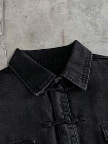 AXEPEAK Men's Washed Denim Jacket With Vintage Color-Block Design And Chinese Style Frog Buttons - Black - View 3
