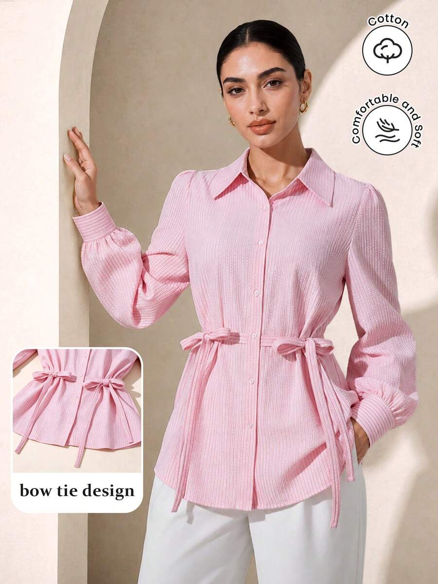 Graceveil Women's Pink Waist Tie Spring/Summer Fashion Versatile Commuter Style Blouse