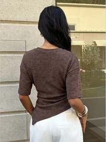 Aloruh Women's Casual Versatile Coffee Brown T-Shirt, Autumn T-Shirt, Round Neck T-Shirt, Waist-Cinching Asymmetrical T-Shirt Brunch Tops Going Out Tops - Rust Brown - View 3