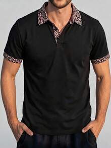 DAZY Men's Short Sleeve Slightly Loose Fit T-Shirt With Contrast Color Patchwork Collar Summer - Black - View 11