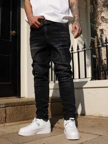 Manfinity Roughcore Jeans de mezclilla desgatados con bolsillo sencillo para hombres, uso casual de todos los días - Negro - Ver 5