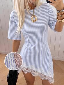 SHEIN EZwear 復古經典藍色條紋印花白色針織蕾絲拼接修身洋裝（女款），秋季上衣，適合日常通勤、派對、秋冬/夏季、聖誕節、新年、感恩節、派對、婚禮、海灘、畢業典禮、優雅、外出、約會、通勤、情人節、優雅、度假、Y2K、畢業典禮 - 彩色 - 查看 8