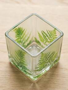 Haus Hana 1Pc/2Pcs Square Glass Tealight Holder, Clear 6cm Glass Embedded With Printed Nordic Green Leaf Pattern, Container For Candle Light Diffusion, Tabletop Ornament For Dinner Arrangement And Romantic Event Decor - multicolor - View 3