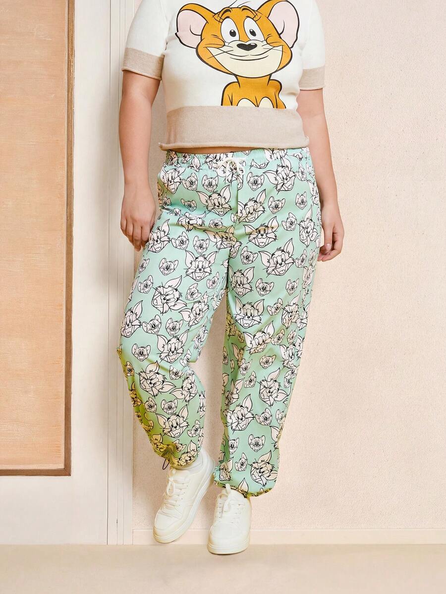 TOM & JERRY X SHEIN Plus Drawstring Waist Cartoon Graphic Pants - MultiWarna - View 1