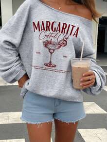 SHEIN EZwear Light Gray Women's Off-Shoulder Loose Casual Long Sleeve Sweatshirt With Cocktail Glass Print Pattern - Light Grey - View 8