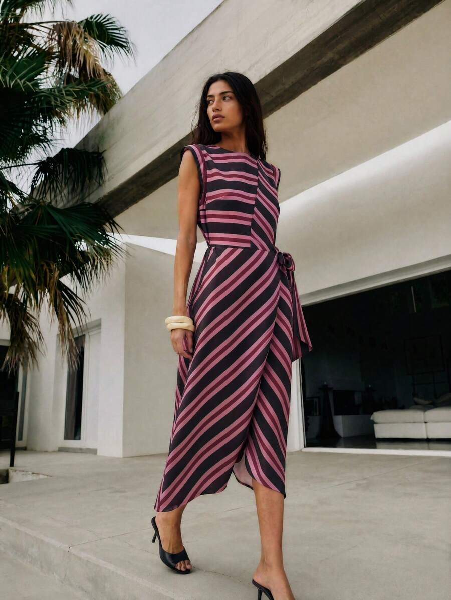 Nöista Sleeveless Striped Maxi Dress, A-Line, Elegant, Retro Vibe. Suitable For Everyday Wear, Vacations, Various Occasions In Summer. - Rose Red - View 1