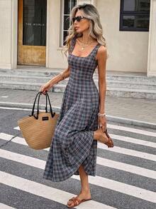 Serisse Damen Mode kariertes plissiertes ärmelloses Urlaubs-Kleid Brunch Picknick hellgrau Sommer französischer Vintage-Stil - Verschiedenfarbig - Übersicht 3