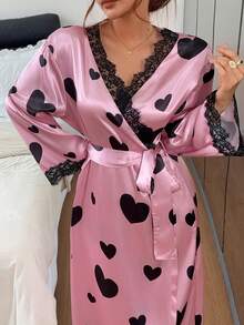 Napfluff Jubah Lengan Panjang Berenda Motif Hati dengan Ikat Pinggang - Coral Pink - View 7