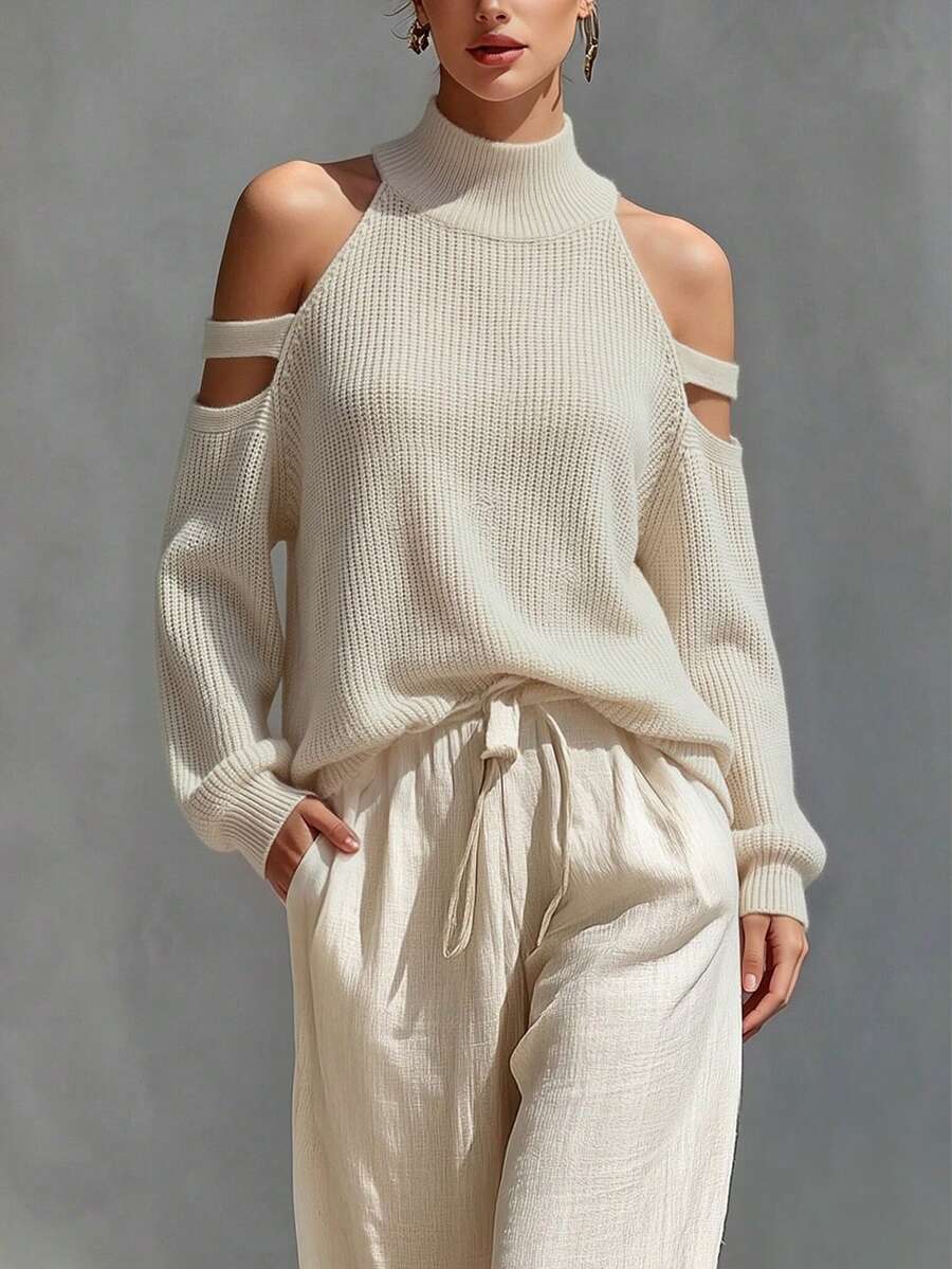 SHEIN Holidaya 女款露肩休閒性感迷人優雅度假風毛衣，秋季早午餐米白色