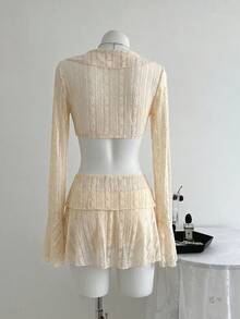 SHEIN Swim Mod 2022春夏度假沙滩四件套：可爱提花米色配套和服罩衫、半身裙和泳衣 - 米色 - 查看 2