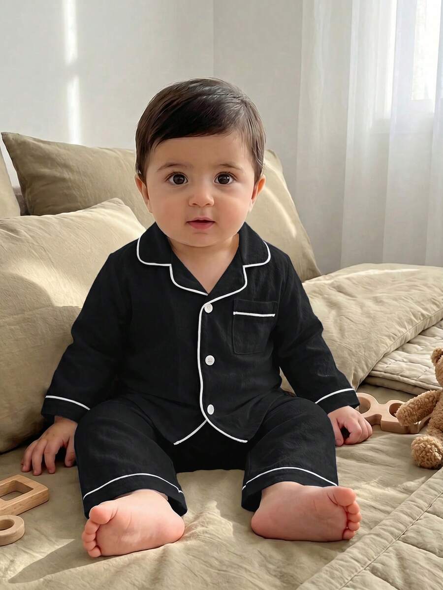 SHEIN 男女嬰兒 100% 純棉 純白色 素色貼袋長袖上衣與直筒長褲 舒適柔軟休閒寬鬆居家睡衣套裝 2件組 適合春夏秋冬 - 黑色 - 查看 1