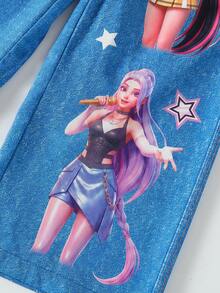 Cool Girl Denim Effect Print Wide Leg Jeans For Girls Elastic Waist Easy To Put On And Take Off Cartoon Idol Girl Star All-Over Print Pattern Pantalon - Blue - View 6