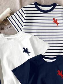 小男孩 T-Shirt 3件組，適合春夏，經典復古酷色塊拼接圖案印花、經典條紋圖案印花、精緻騎士小馬 Logo 圖案印花，開學季完美選擇 - 彩色 - 查看 5