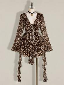 SHEIN ICON Plus Size Retro Sexy Millennial Style Y2K Urban Modern Avant-Garde Bold Fashion Individual Leopard Print V-Neck Ruffled Bell Sleeve Flowy Ribbon Dress - Brown - View 4