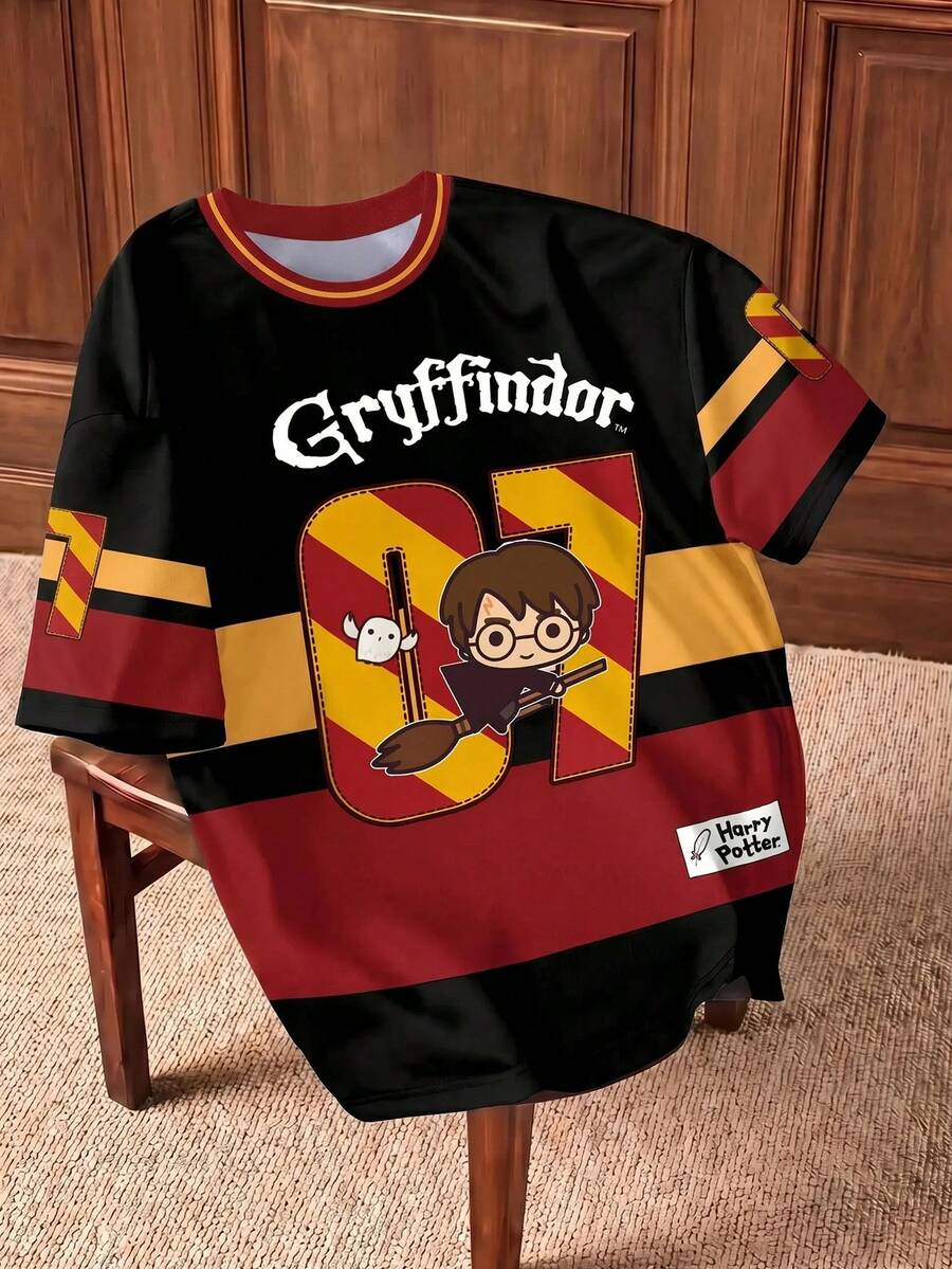 HARRY POTTER X SHEIN 大码女式夏季休闲通勤时尚学院风可爱卡通人物和数字字母图案撞色宽松T恤 - 白色 - 查看 1
