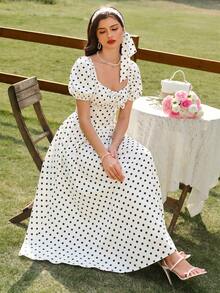 Vintamour Robe à pois imprimés doux à la française avec fronces et nœud pour femmes - Blanc - Voir 8