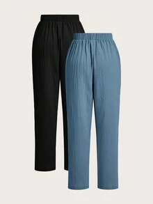 SHEIN PETITE CURVE Setelan 2 Potong Gaya Prancis Ukuran Besar, Celana Linen Kasual dengan Pinggang Elastis, Nyaman dan Serbaguna, Cocok untuk Pakaian Sehari-hari, Liburan, dan Perjalanan Musim Gugur - MultiWarna - View 2