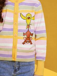 TOM & JERRY X SHEIN Tween Girl Cartoon Animal Stripe Print Round Neck Cardigan - Multicolor - View 8