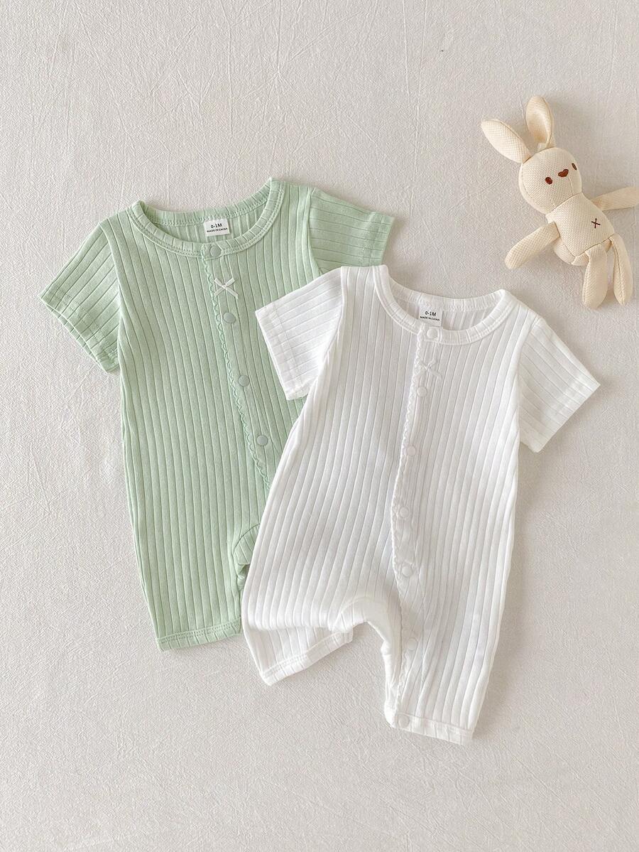 SHEIN Playful Pals 2pcs/Set Newborn Girl Jumpsuit Cute Bow Front Ribbed Short Sleeve Romper Cotton - Green - View 1