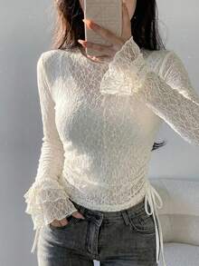FRIFUL Women's Fitted Round Neck All-Over Lace Tight Top With Multi-Layered Ruffle Cuffs - Black - View 8