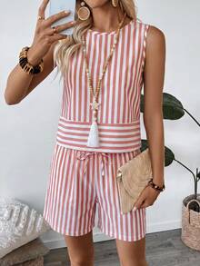 SHEIN LUNE Set de 2 piezas de top de tirantes a rayas y pantalones cortos casuales de verano para mujer - Multicolor - Ver 4