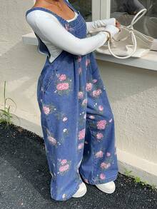 Dazy Plus Floral Pattern Vintage Washed Denim Overalls Plus Size Women Spring Summer Autumn Denim Jumpsuit School - Medium Wash - View 6