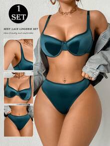 2pcs Women Solid Color Minimalist Casual Bra Set With Underwire - Teal Blue - View 4