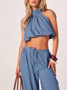 MISSGUIDED 條紋掛脖短版上衣與寬腿長褲套裝 夏季海灘度假兩件式穿搭 - 藍色 - 查看 3