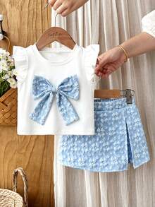 Vintaside Kids 6-9M-2-3Y 嬰兒女童兩件套，甜美藍色花卉提花布料蝴蝶結裝飾荷葉袖圓領上衣 & 鬆緊腰藍色開衩短褲，適合日常穿著、派對及其他場合 - 藍色 - 查看 5