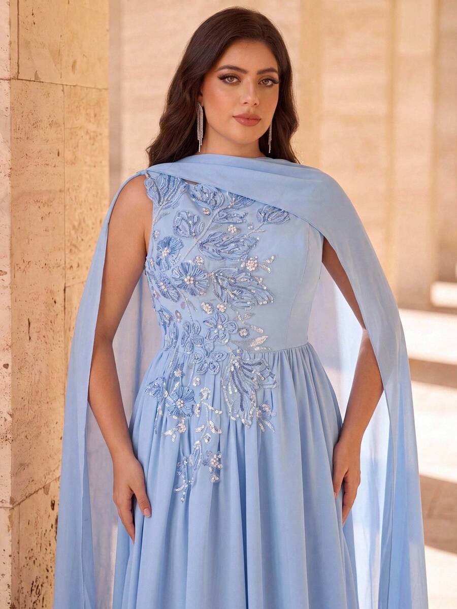 Aureia Vestido de noche elegante y romántico de talla grande, azul con lentejuelas, bordado, técnica de quemado, cuello redondo, sin mangas, cintura acampanada, bajo fruncido y holgado, adecuado para fiesta de noche, cita, baile, vacaciones, invitada de boda, vestido de gala con trabajo pesado