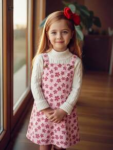 Emery Rose Kids Emery Rose Kids 小女孩兒童可愛酒紅色燈芯絨秋冬連身裙，附荷葉邊口袋與肩帶設計 - 粉色 - 查看 11