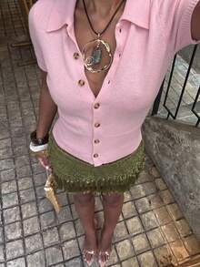 SHEIN BAE Solid Color Lapel Waist-Cinching Slim Fit Short Sleeve Women's Cardigan Sweater - Pink - View 2