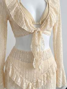 SHEIN Swim Mod 2022春夏度假沙滩四件套：可爱提花米色配套和服罩衫、半身裙和泳衣 - 米色 - 查看 6
