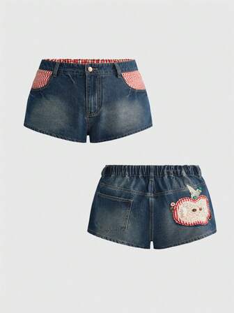Kawaii Vintage Cute Pastoral Plaid Apple Button Embroidered Ultra Low Waist Mini Plus Size Women's Denim Shorts