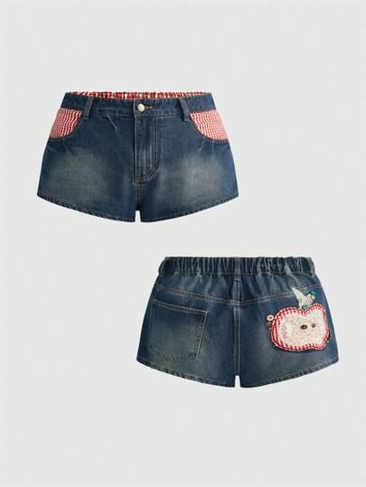 ROMWE Kawaii Short en jean mini taille ultra basse pour femmes grande taille, style vintage mignon pastoral, à carreaux, avec bouton pomme et broderie