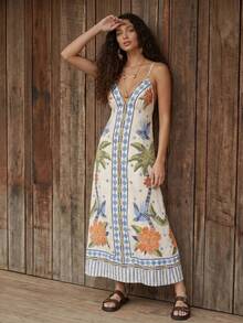 CAJUNI Women's Coconut Tree & Bird Print Casual Vacation Travel Spaghetti Strap Dress - Multicolor - View 1