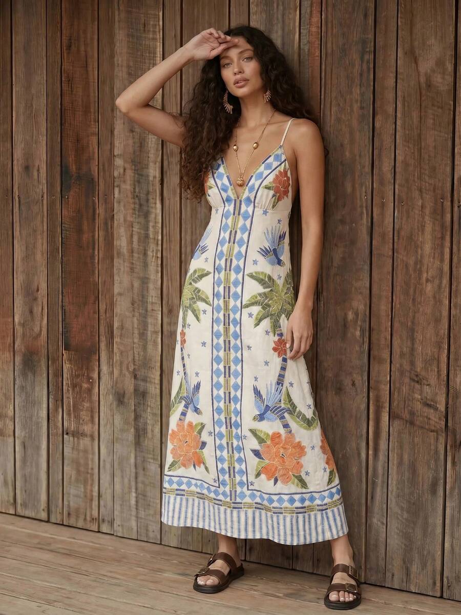 CAJUNI Women's Coconut Tree & Bird Print Casual Vacation Travel Spaghetti Strap Dress - Multicolor - View 1
