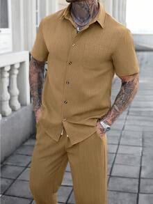 Manfinity Homme Solid Color Textured Striped Casual Vacation Short Sleeve Shirt And Pants 2 Pieces Set - Khaki - View 5