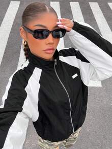 SHEIN EZwear Chaqueta con cremallera, mangas raglán y dobladillo con cordón, diseño de bloques de color para otoño/invierno - Blanco y Negro - Ver 1