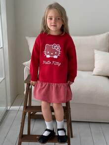 HELLO KITTY | DAZY Patchwork Design KT Cat Embroidered Loose Fit Long Sleeve Autumn/Winter Young Girls' Dress - Burgundy - View 7