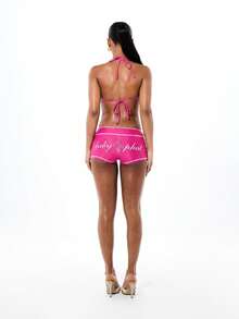 BABYPHAT Triangle Bikini Top With Contrast Coverstitch Detailing And Halter Tie Neck For Beach Summer - Hot Pink - View 7